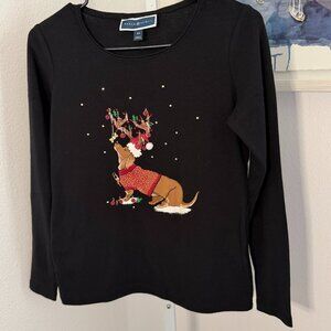 Karen Scott Christmas Dog Reindeer Long Sleeve Womens T-shirt - Size XS